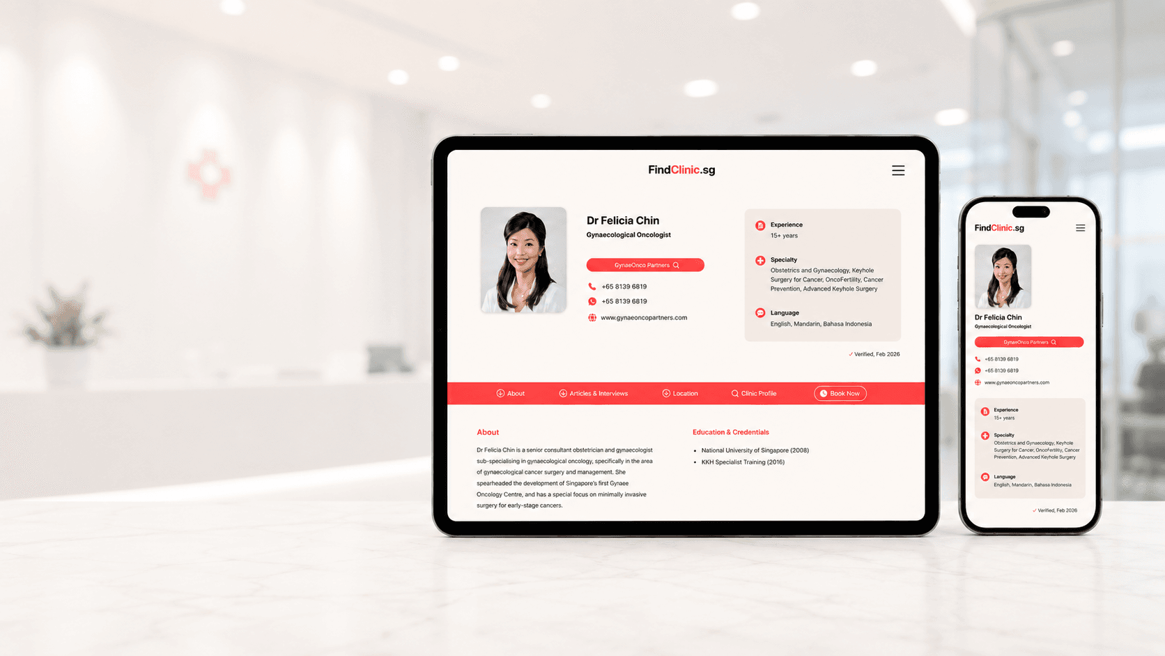 FindClinic.sg clinic listing interface on tablet and phone