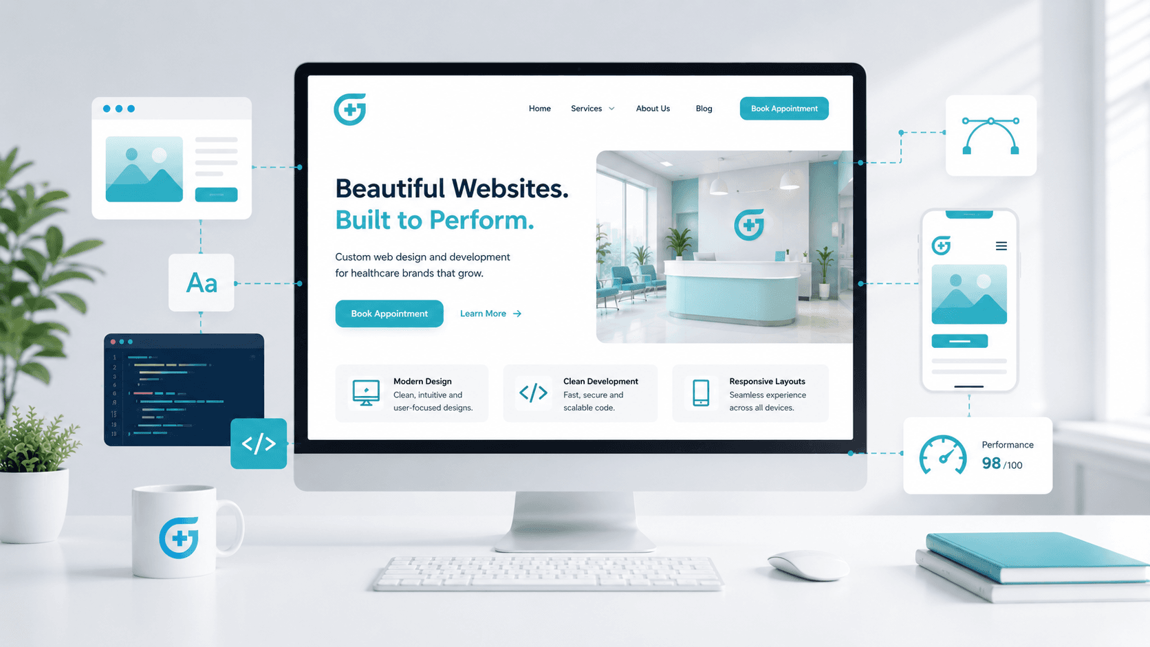 Clinic website interface on a desktop in a specialist clinic setting