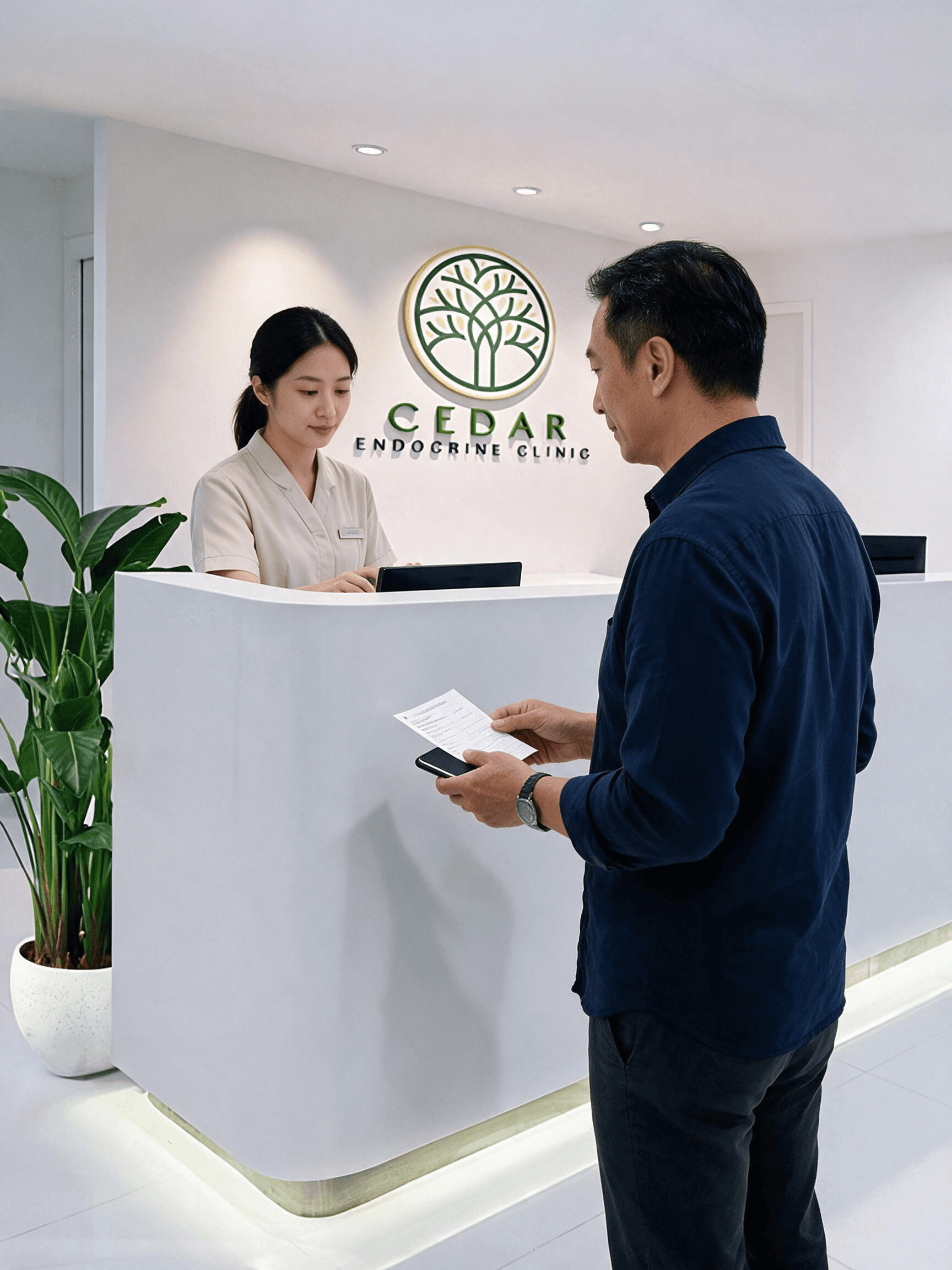 Cedar Endocrine Clinic reception with brand identity on the clinic wall