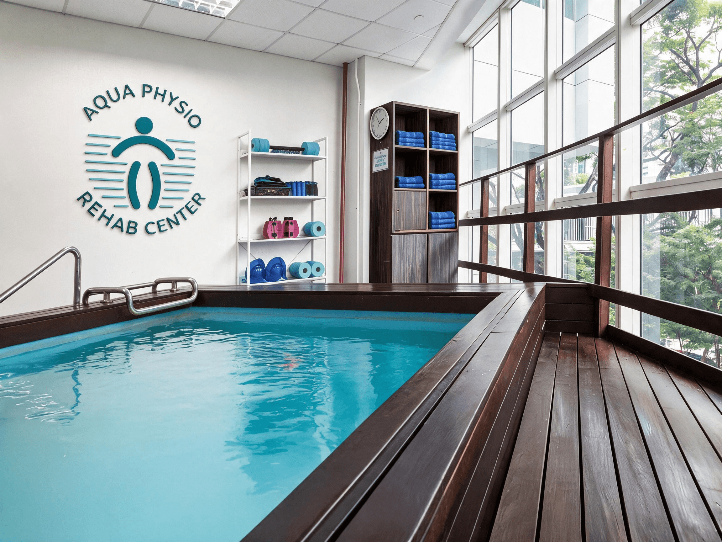 Indoor aquatic therapy pool at Aqua Physio Rehab Centre with wall branding and treatment equipment