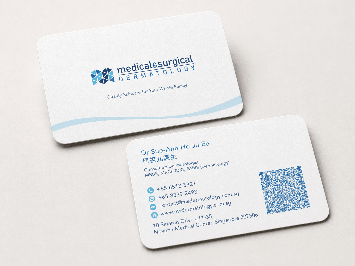 Medical and Surgical Dermatology Clinic name cards for Dr Sue-Ann Ho