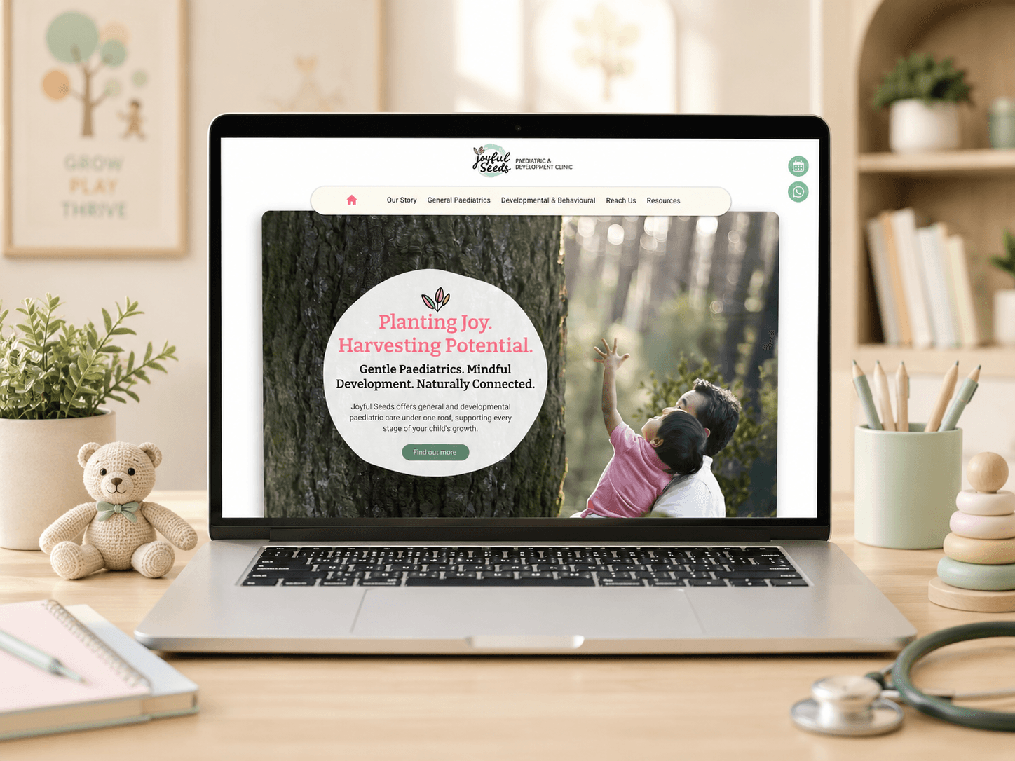 Joyful Seeds Paediatric and Developmental Clinic website mockup on laptop